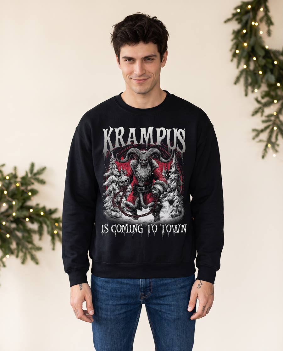 Man wearing a black 'Krampus is coming to town' Christmas sweatshirt