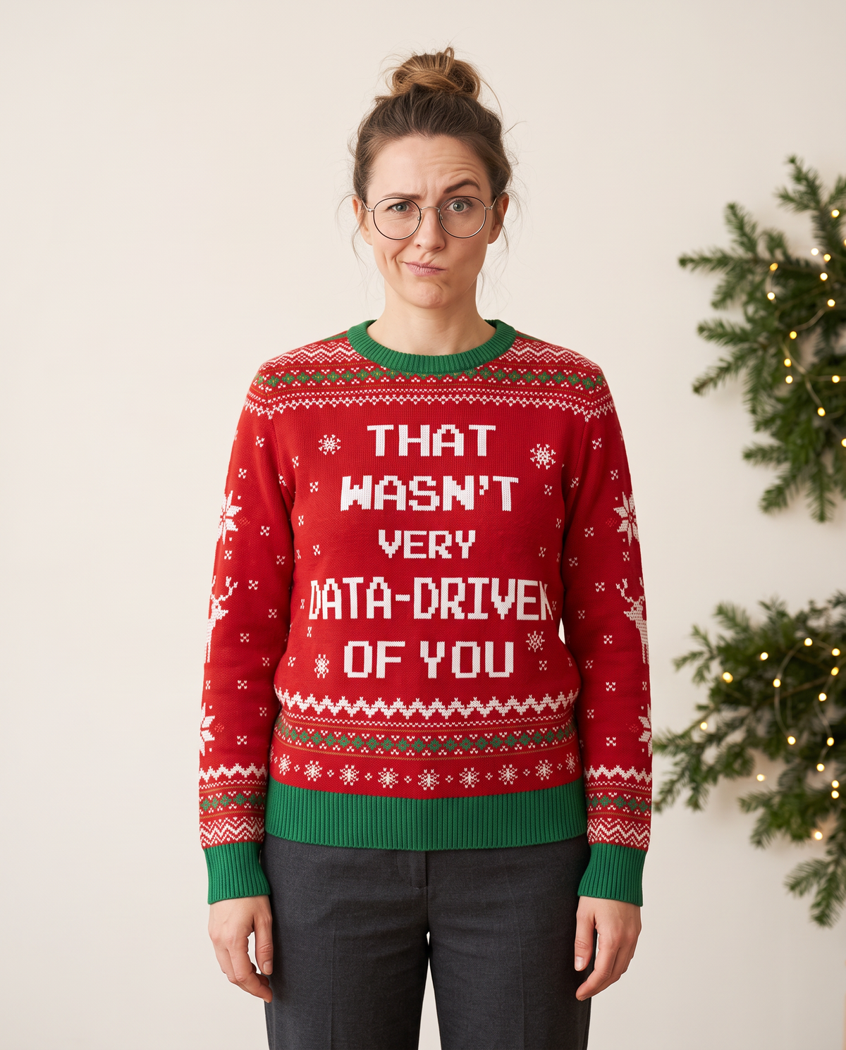 Woman in glasses wearing a red ugly Christmas sweater that reads 'That wasn't very data-driven of you'